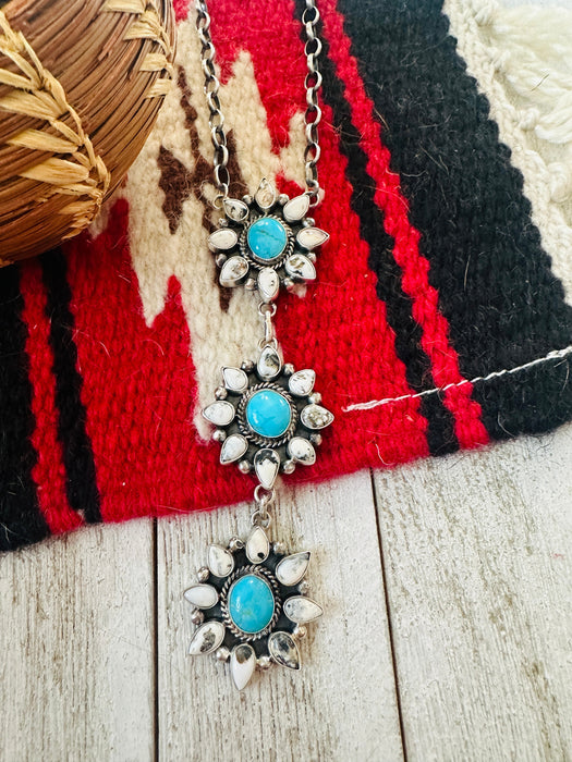 Navajo Sterling Silver, White Buffalo & Turquoise Lariat Necklace