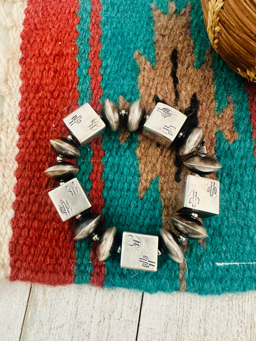 Navajo Hand Stamped Sterling Silver Beaded Cactus Bracelet