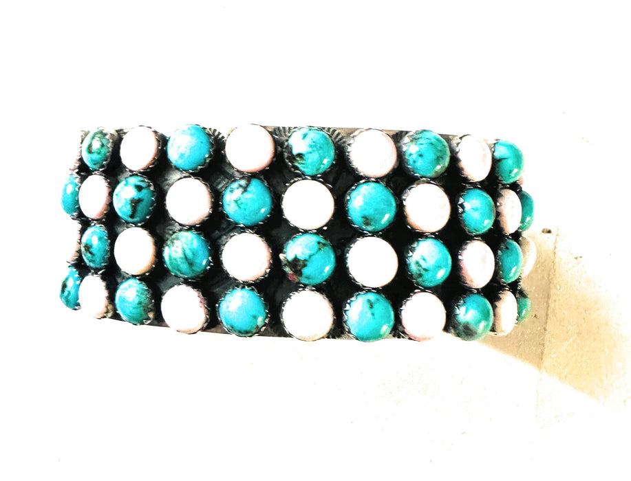 Navajo Sterling Silver, Queen Pink Conch & Turquoise Cuff Bracelet by Leroy James