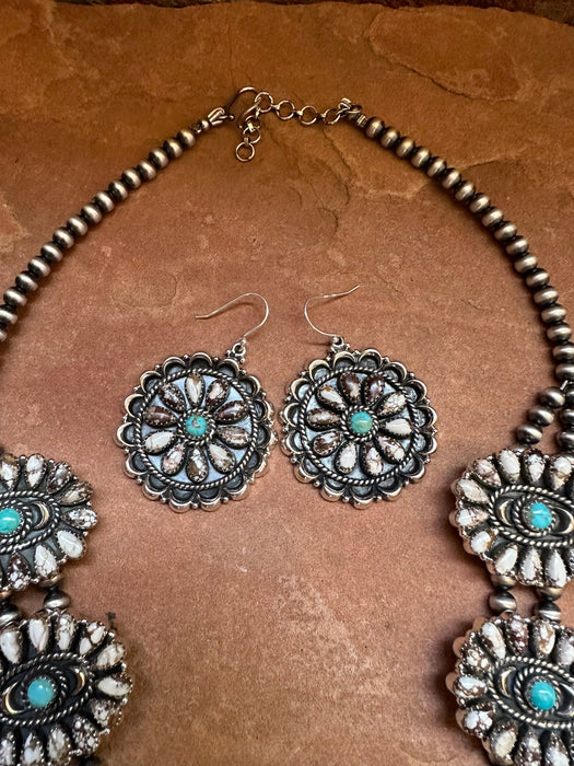 Handmade Sterling Silver, Wild Horse & Turquoise Squash Blossom Necklace Set Signed Nizhoni