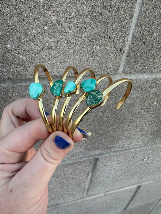 “The Golden Collection” Desert Dreamer Handmade Natural Turquoise 14k Gold Plated Sterling Silver Adjustable Bracelet Cuff