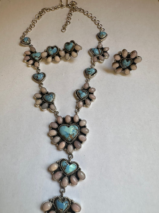 Handmade Sterling Silver, Pink Conch & Golden Hills Turquoise Set Necklace Signed Nizhoni