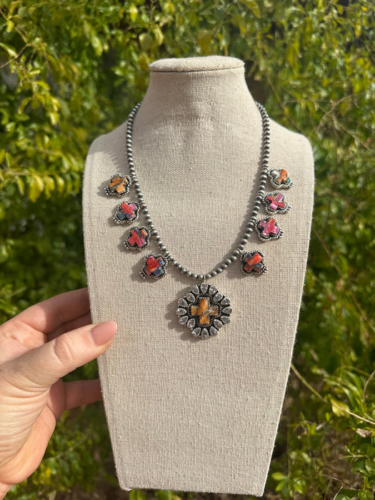 Handmade Spice, Pink Dream Mojave and Sterling Silver Cross Necklace