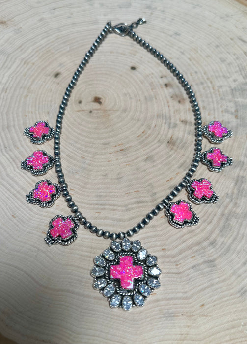 Handmade Hot Pink Fire Opal, Cz and Sterling Silver Cross Necklace