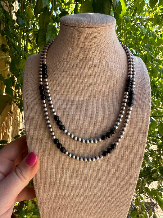 Navajo Pearl Sterling Silver & Black Onyx Beaded Necklace
