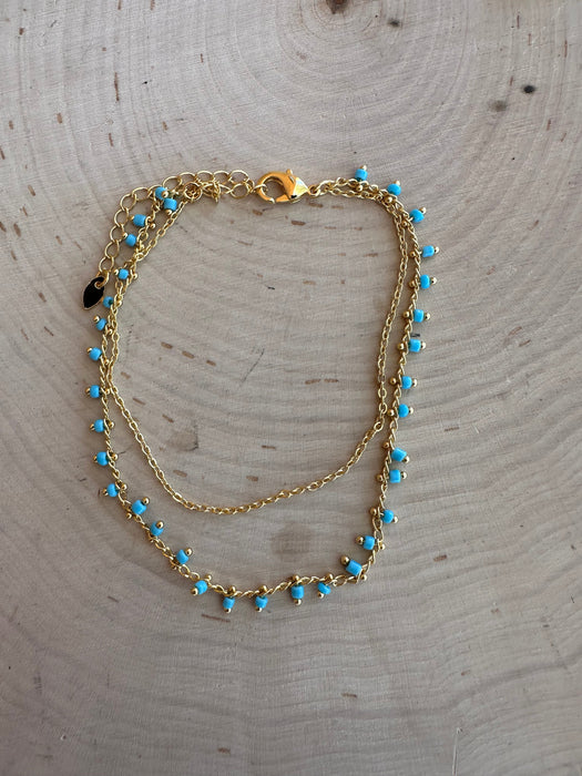 “The Golden Collection” Handmade Turquoise Beaded 14k Gold Plated Double Layer Ankle Bracelet