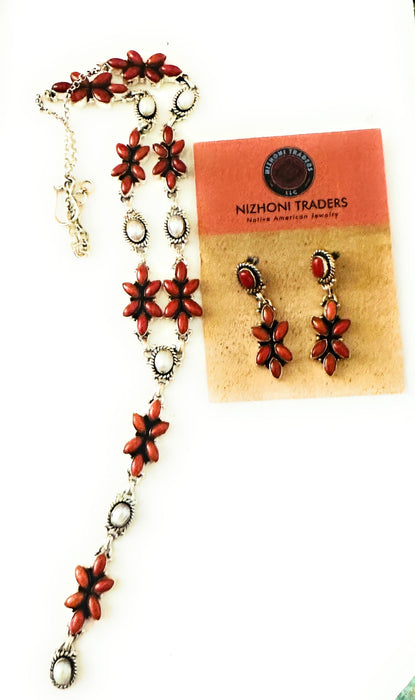 Handmade Sterling Silver, Coral & Pearl Necklace Set Signed Nizhoni