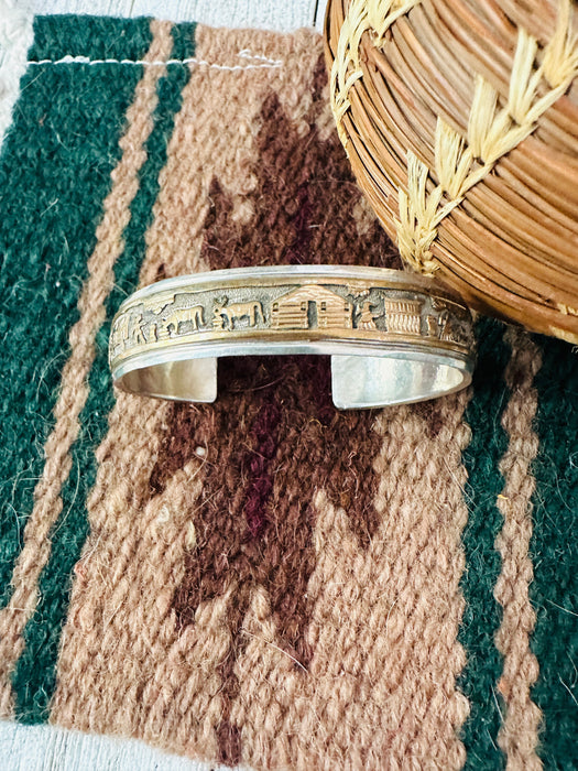 Old Pawn Vintage Navajo Sterling Silver & Gold Story Teller Cuff Bracelet