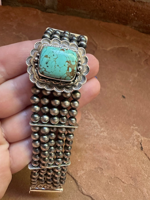 Handmade Sterling Silver & Number 8 Turquoise Beaded Navajo Pearl Style Bracelet