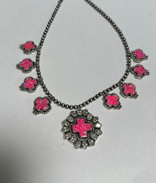 Handmade Hot Pink Fire Opal, Cz and Sterling Silver Cross Necklace