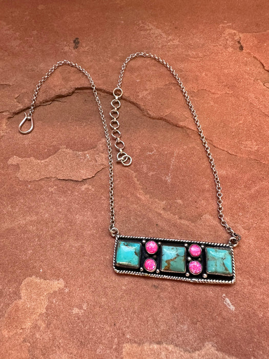 Beautiful Handmade Sterling Silver, Turquoise & Hot Pink Fire Opal Bar Necklace