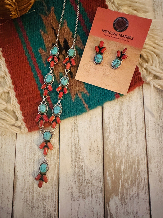 Handmade Sterling Silver, Turquoise & Coral Necklace Set Signed Nizhoni