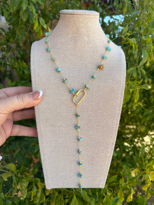 “The Golden Collection” Turquoise Beaded Gravel Lariat Handmade 14k Gold Plated Necklace