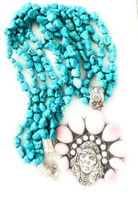 Stunning Navajo Sterling Silver, Queen Pink Conch & Turquoise Indian Chief Beaded Necklace