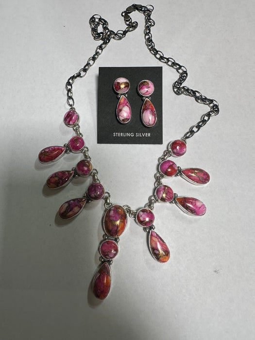 Navajo Sterling Silver & Pink Dream Mojave Necklace & Earring Set Signed