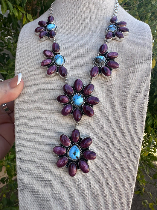 Handmade Sterling Silver, Golden Hills Turquoise, Purple Spiny Necklace Signed Nizhoni