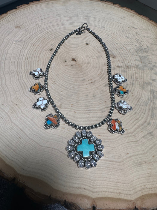 Handmade Wild Horse, Spice, Turquoise and Sterling Silver Cross Necklace