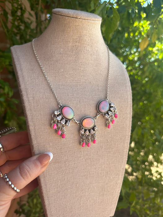 Handmade Opal, Pink Fire Opal, CZ & Sterling Silver Tassel Necklace