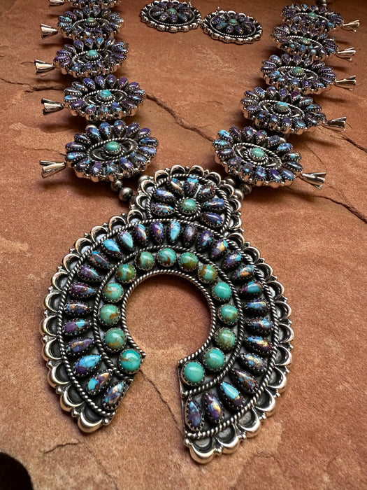 Handmade Sterling Silver, Purple Dream Mojave & Turquoise Squash Blossom Necklace Set Signed Nizhoni