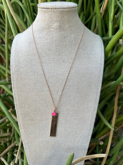 “The Golden Collection” YEEHAW Handmade Hot Pink Fire Opal Rose Gold Plated Bar Charm Necklace