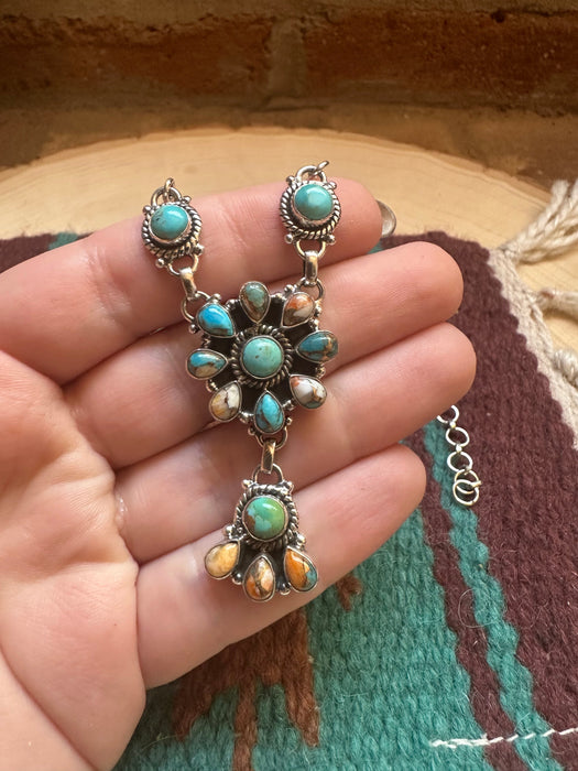 Handmade Turquoise, Spice & Sterling Silver Cluster Necklace