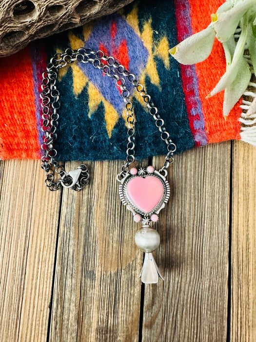 Navajo Sterling Silver & Queen Pink Conch Heart Blossom Necklace by Thomas Francisco