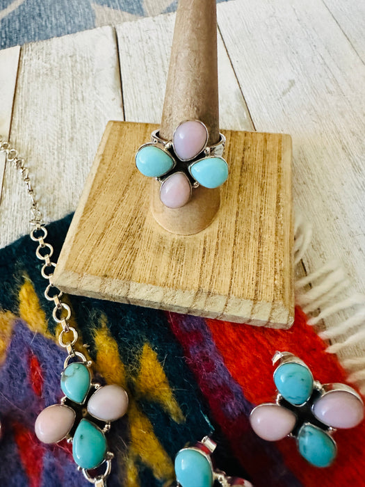 Handmade Sterling Silver, Turquoise & Pink Opal Necklace Set Signed Nizhoni