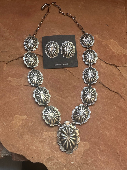 Navajo Sterling Silver Concho Necklace Set Signed
