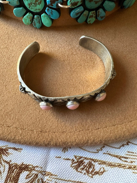 Navajo 3 Stone Queen Pink Conch Shell & Sterling Silver Cuff Bracelet by Chimney Butte