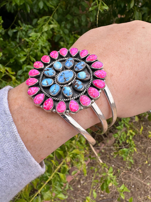Handmade Sterling Silver, Golden Hills Turquoise & Hot Pink Fire Opal Adjustable Cuff Bracelet