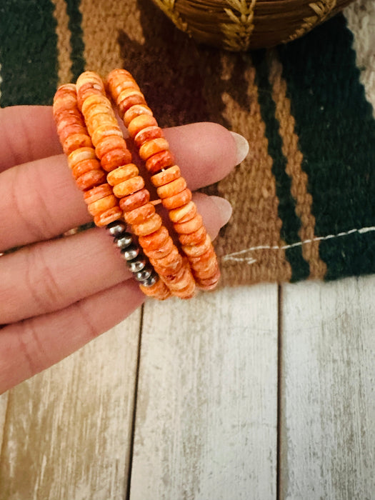 Navajo Orange Spiny Oyster Shell & Sterling Silver Pearl Beaded Wrap Bracelet