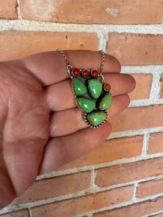 Handmade Sterling Silver, Coral & Dyed Kingman Turquoise Cactus Necklace