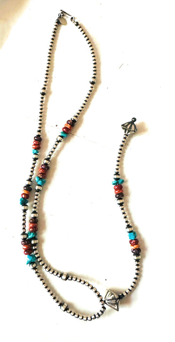 Navajo Multi Stone & Sterling Silver Pearl Beaded Lariat Necklace
