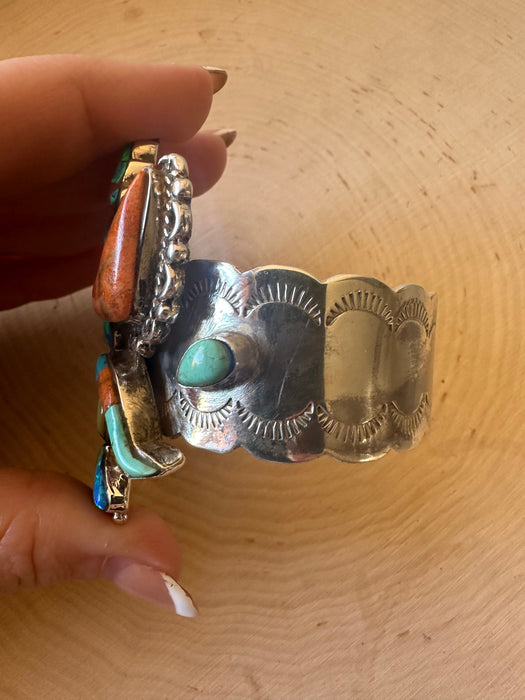 Handmade Sterling Silver Multi Stone Inlay KACHINA Cuff Bracelet