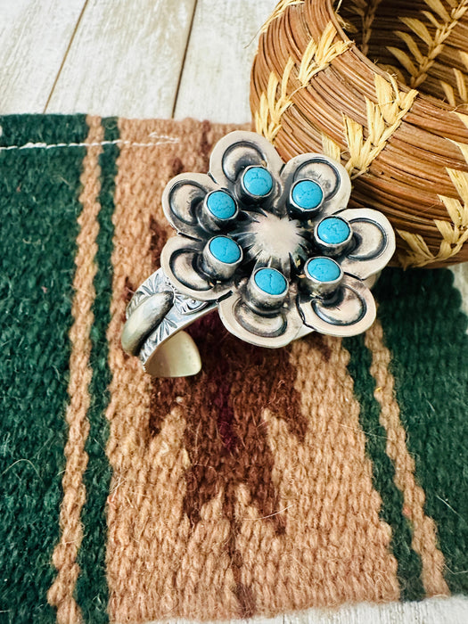 Navajo Sterling Silver & Turquoise Flower Cuff Bracelet