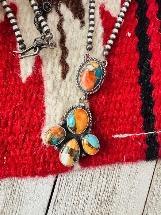 Navajo Multi Stone Spice & Sterling Silver Pearl Beaded Lariat Necklace