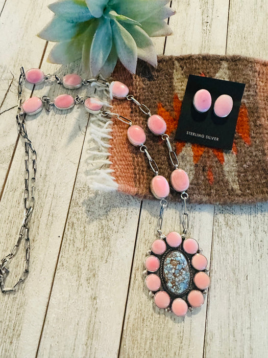 Navajo Turquoise, Queen Pink Conch & Sterling Silver Necklace Earrings Set