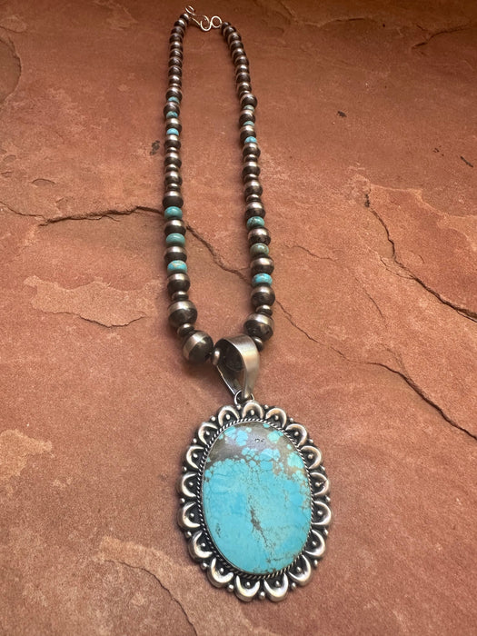 Beautiful Navajo Sterling Silver Beaded Turquoise Necklace With Pendant Signed E Richards