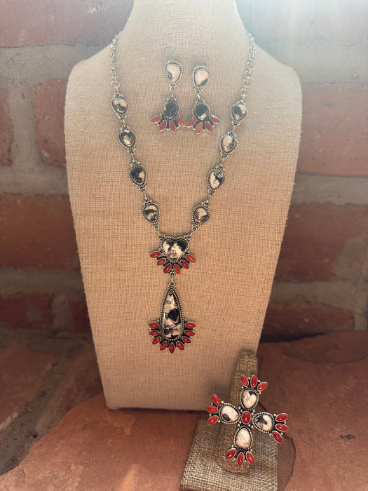 Handmade Sterling Silver, White Buffalo & Coral Necklace Earring Ring Set Signed Nizhoni