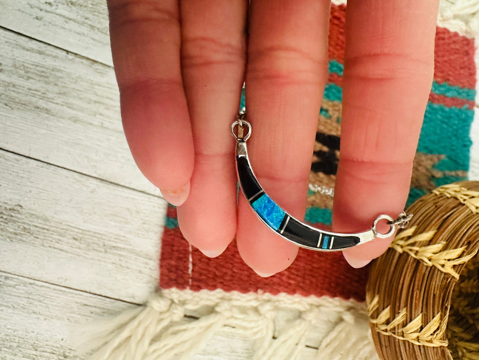 Navajo Sterling Silver, Onyx & Opal Inlay Crescent Necklace
