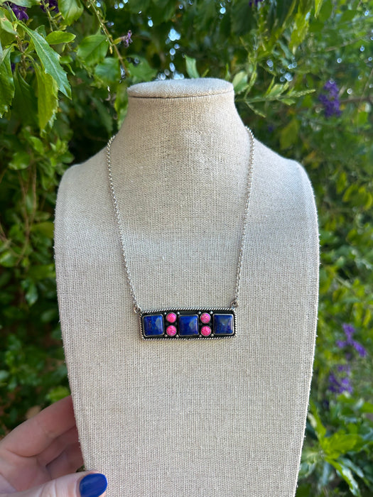 Beautiful Handmade Sterling Silver, Lapis & Hot Pink Fire Opal Bar Necklace