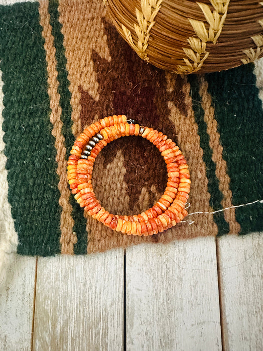 Navajo Orange Spiny Oyster Shell & Sterling Silver Pearl Beaded Wrap Bracelet