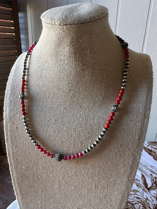 Handmade Navajo Pearl Style Sterling Silver, Red & Pink Fire Opal Beaded Necklace