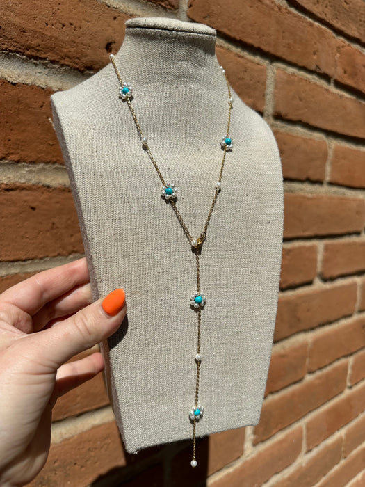 “The Golden Collection” Handmade Turquoise & Mother of Pearl Beaded 18k Gold Plated Flower Lariat Necklace