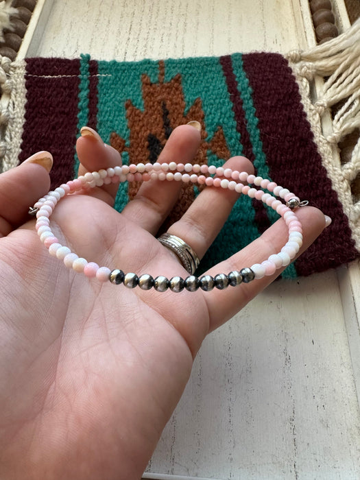 Navajo Pink Conch & Sterling Silver Beaded Wrap Choker Necklace