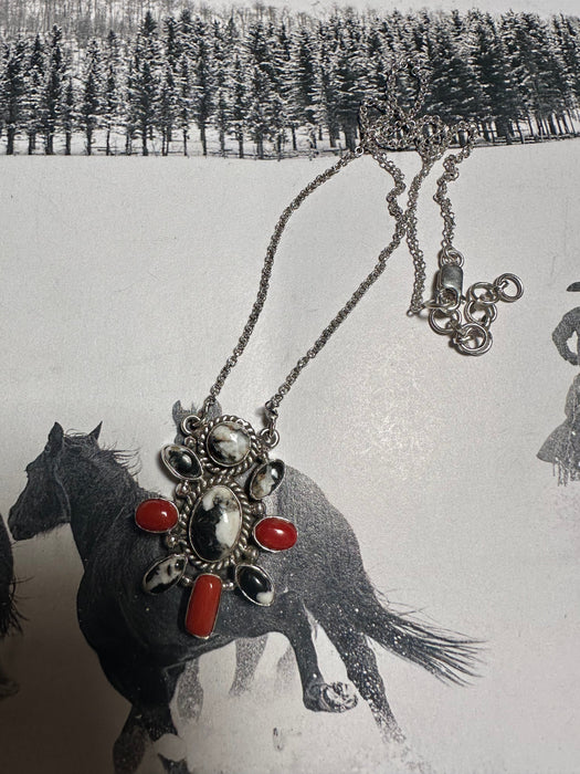 Handmade Sterling Silver, White Buffalo & Coral Necklace