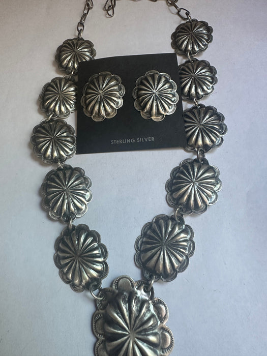 Navajo Sterling Silver Concho Necklace Set Signed