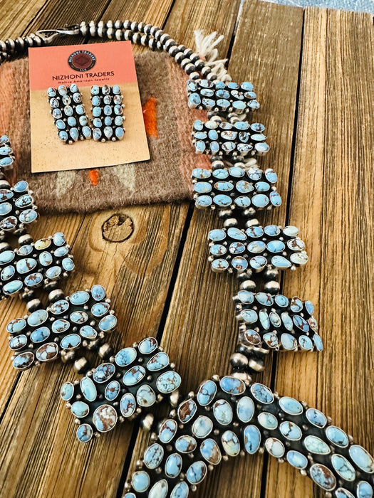 Navajo Golden Hills Turquoise & Sterling Silver Squash Blossom Necklace Set by Ben Yellowhorse