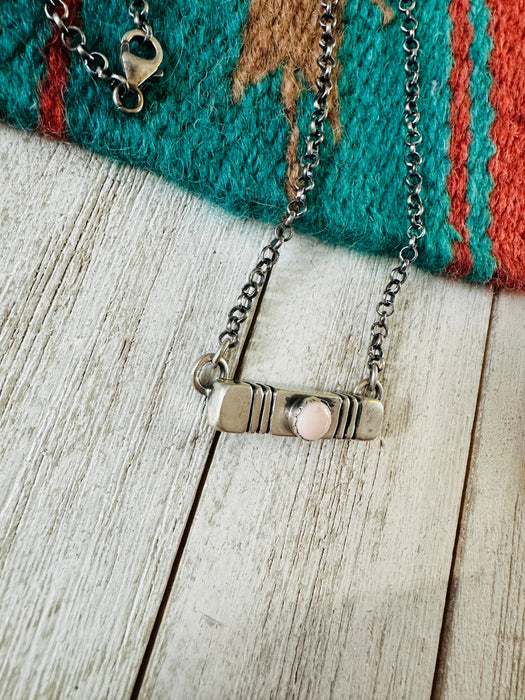 Navajo Sterling Silver & Queen Pink Conch Bar Necklace by Russell Sam