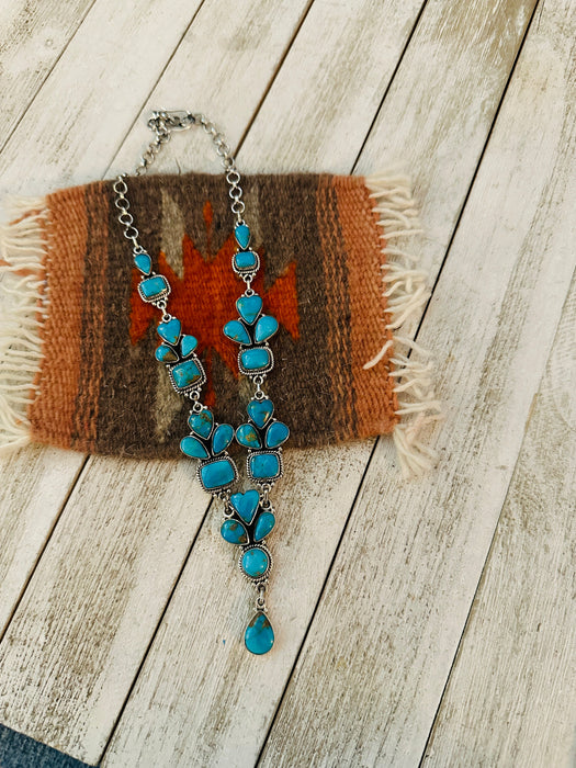 Handmade Sterling Silver & Kingman Turquoise Lariat Necklace